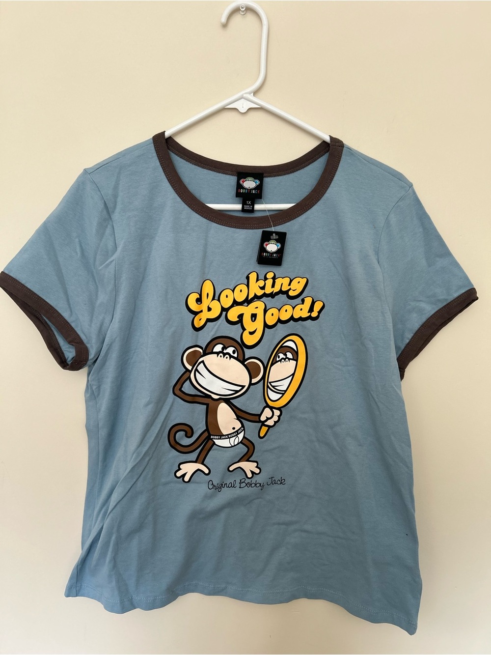 Original Baby Jack 'Looking Good' Light Blue Graphic Ringer tee women’s